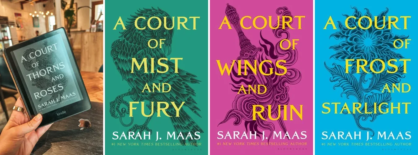The ACOTAR books in order: A Court of Thorns and Roses on my Kindle, then Mist and Fury, Wings and Ruin, and Frost and Starlight