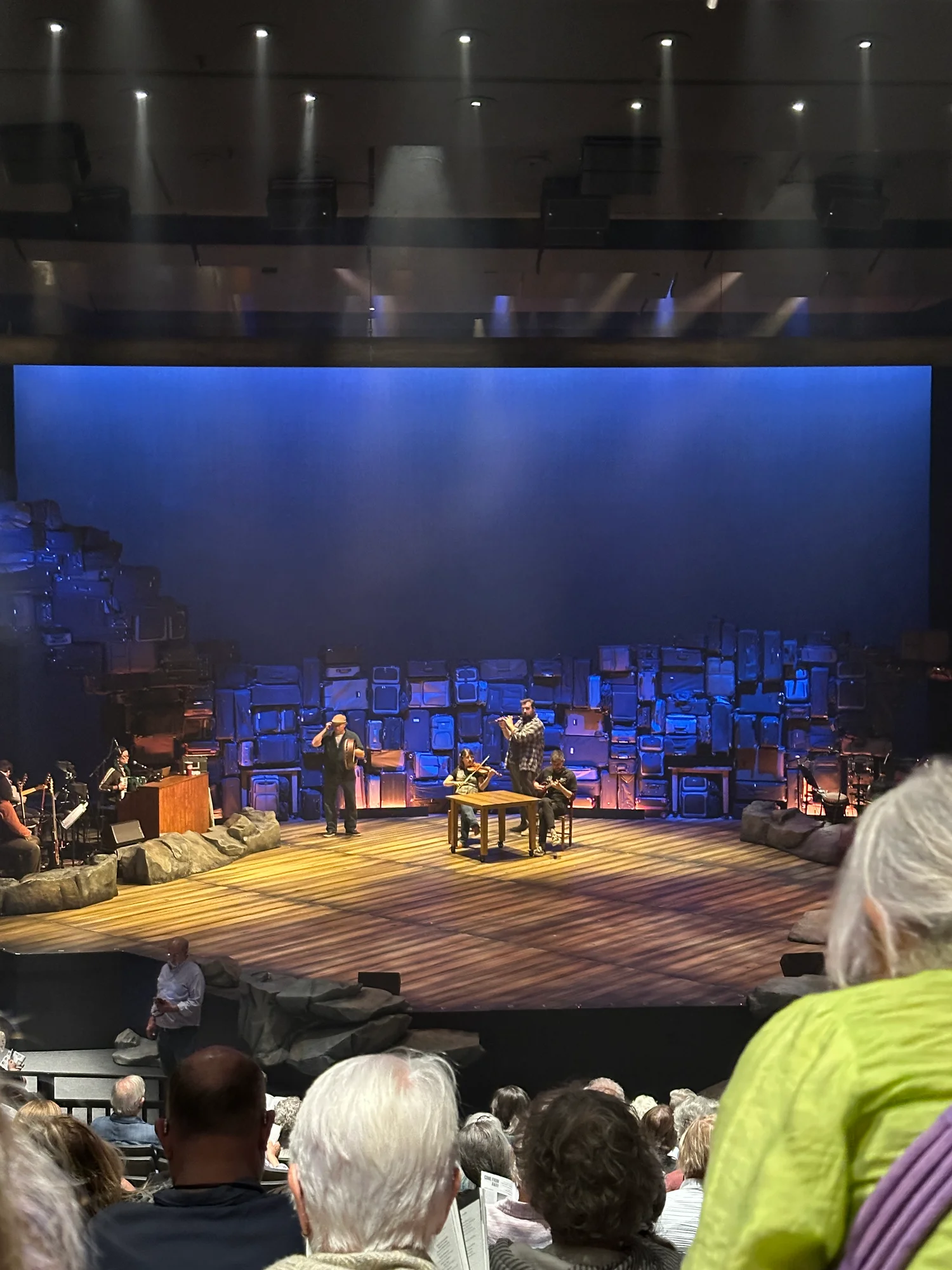 The suitcase-stacked set of Come From Away at the Oregon Shakespeare Festival in Ashland