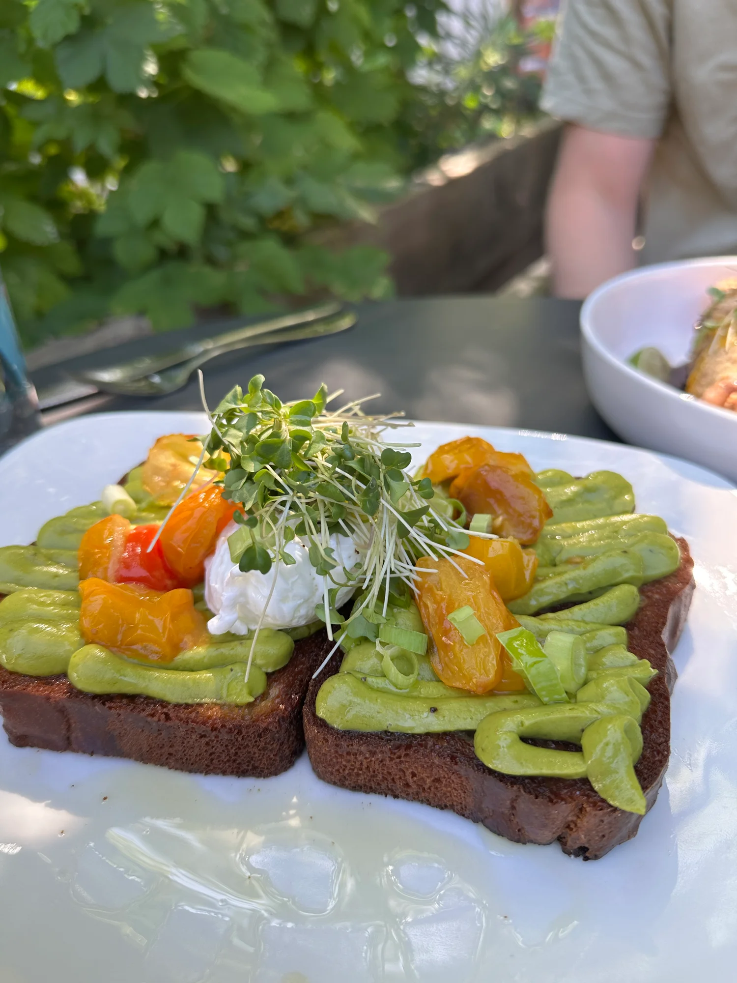 Avocado toast on gluten-free sourdough with poached egg and heirloom tomatoes at Zi Spice, Ashland