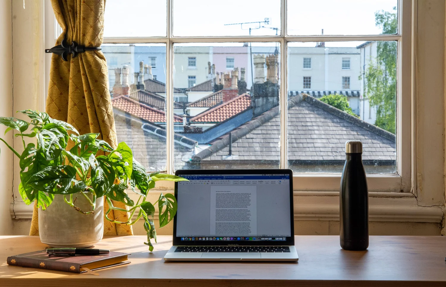 A laptop with a draft open on a sunny desk beside a plant, overlooking rooftops
