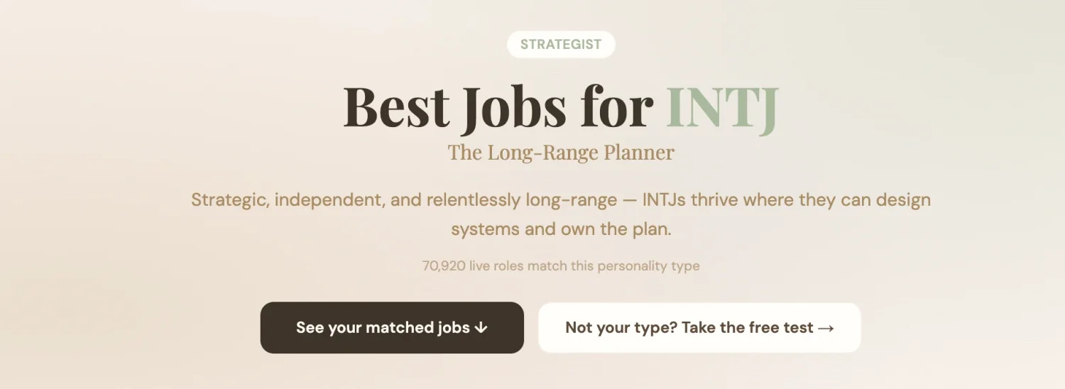 CozyJobs Best Jobs for INTJ page: the Long-Range Planner profile with matched jobs