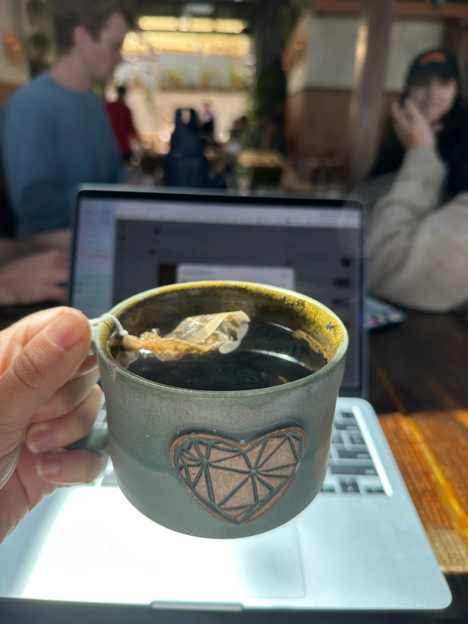 A heart-stamped mug at the Make Writing Your Job subscriber meetup at Re/Creation in Los Angeles
