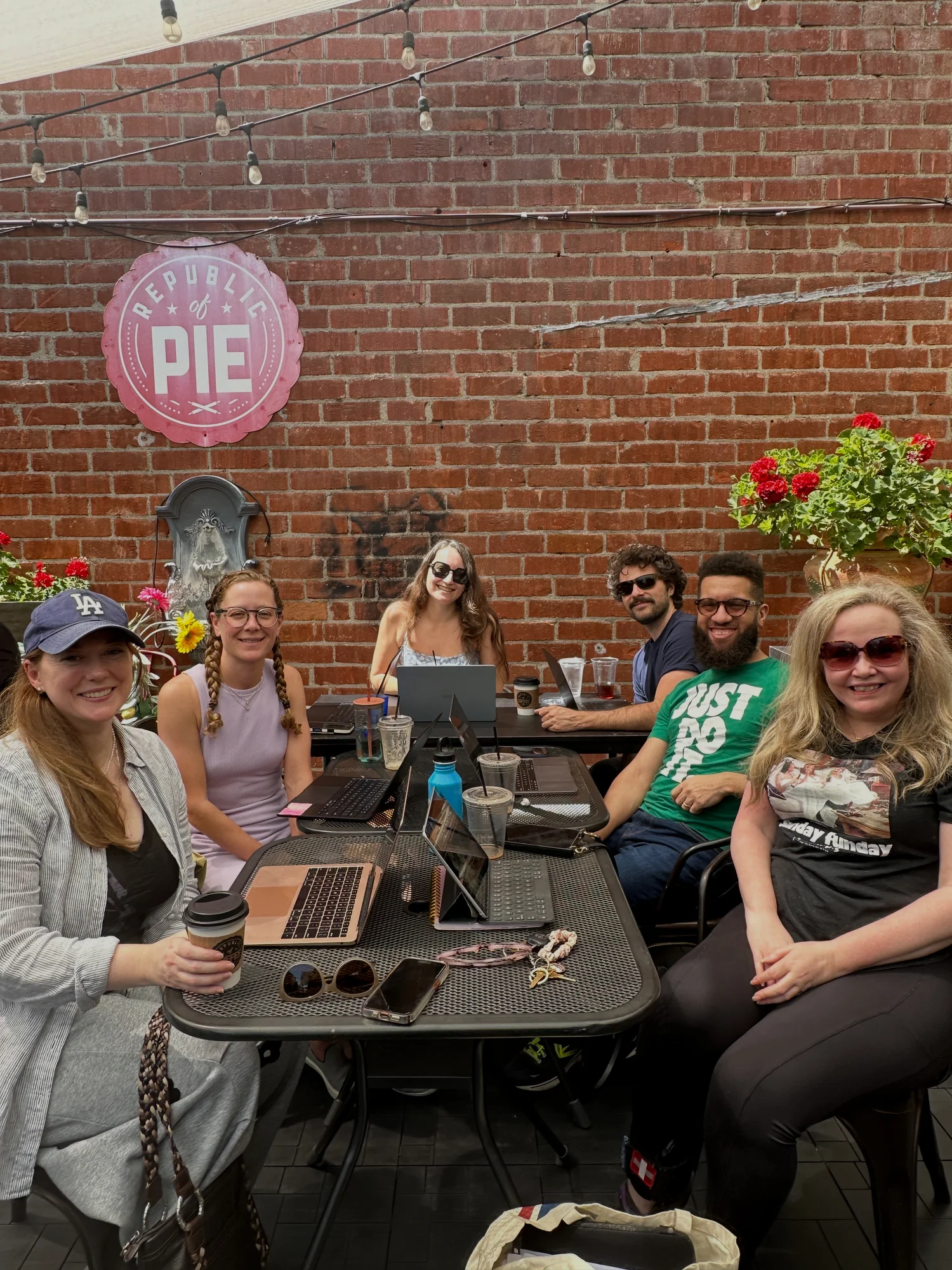 Writers gathered at the Make Writing Your Job meetup on the patio at Republic of Pie in North Hollywood