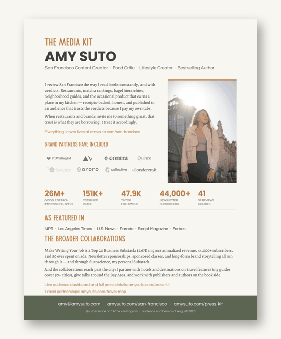 A flip-through preview of Amy Suto's media kit — San Francisco content creator, food critic, and lifestyle creator