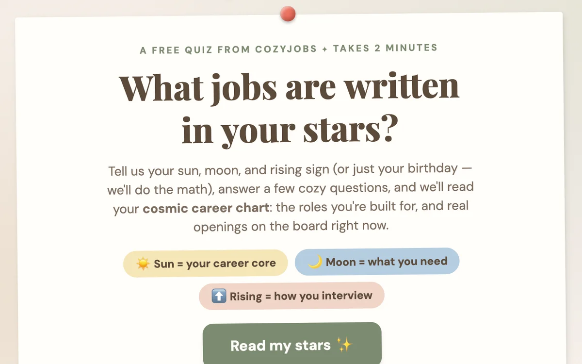 The Cosmic Career quiz on CozyJobs asking what jobs are written in your stars