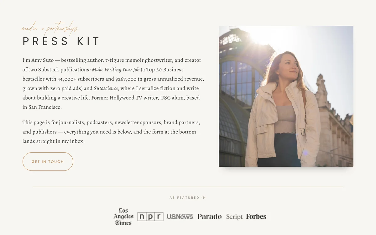 Amy Suto&rsquo;s press kit page with her bio, photo, and featured-in logos