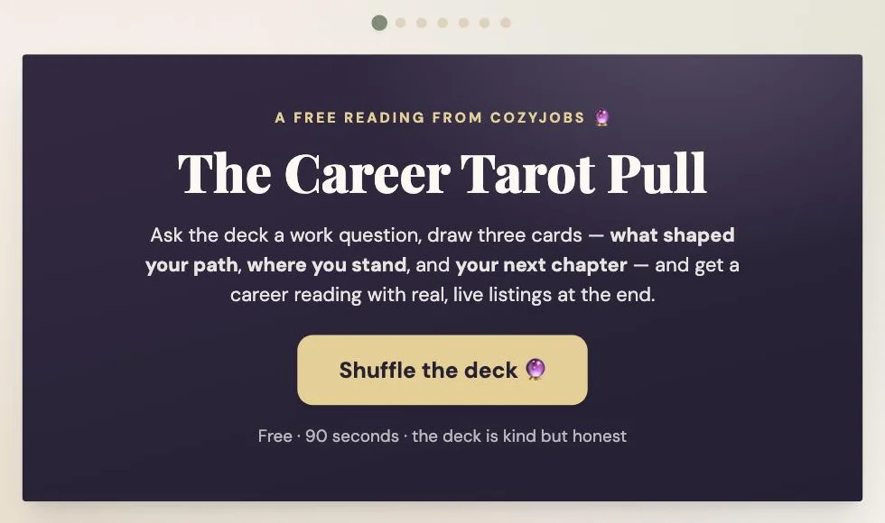 The Career Tarot Pull card on CozyJobs offering a free three-card career reading with live listings at the end
