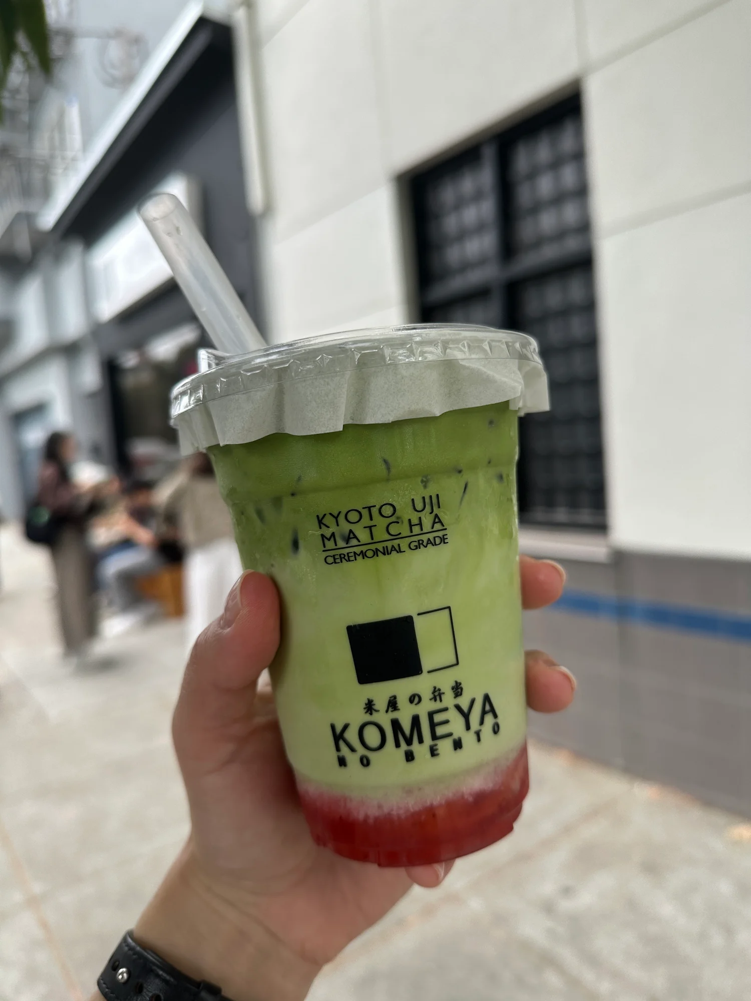 The layered Strawberry Fresh Milk with Matcha Foam from Komeya no Bento in San Francisco
