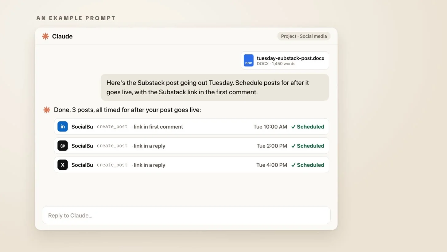 A Claude chat with a Tuesday Substack post attached, where Claude schedules LinkedIn, Threads and X posts for after it goes live with the link in the first comment