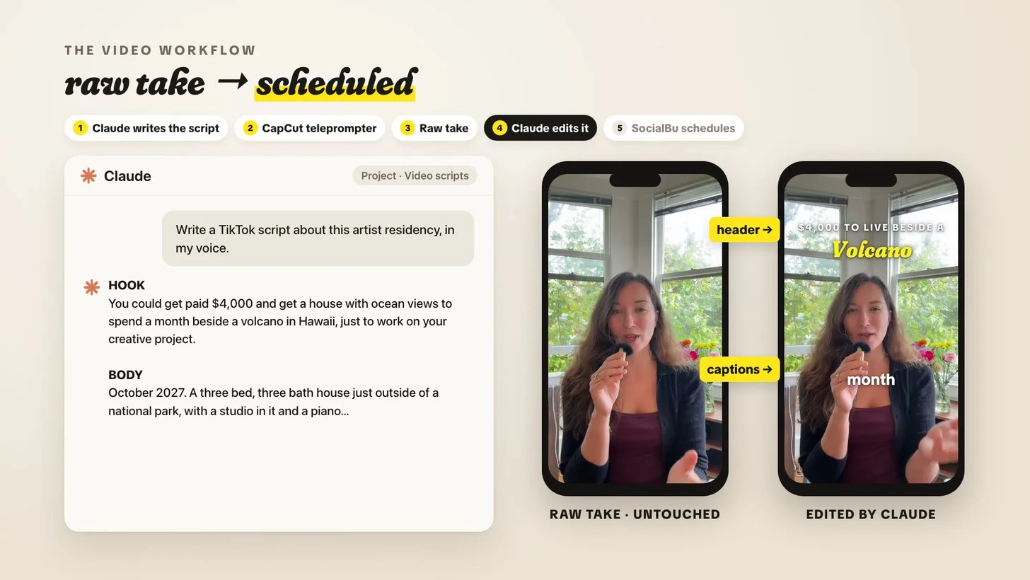 Amy's raw phone video next to the version Claude edited, with a yellow header and one-word captions
