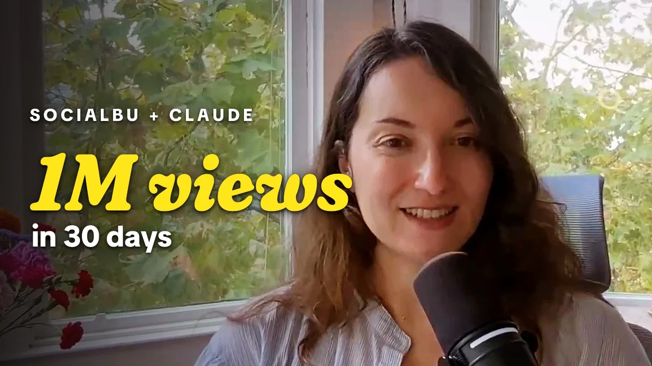 Amy Suto smiling at her desk mic next to the words SocialBu plus Claude, 1M views in 30 days