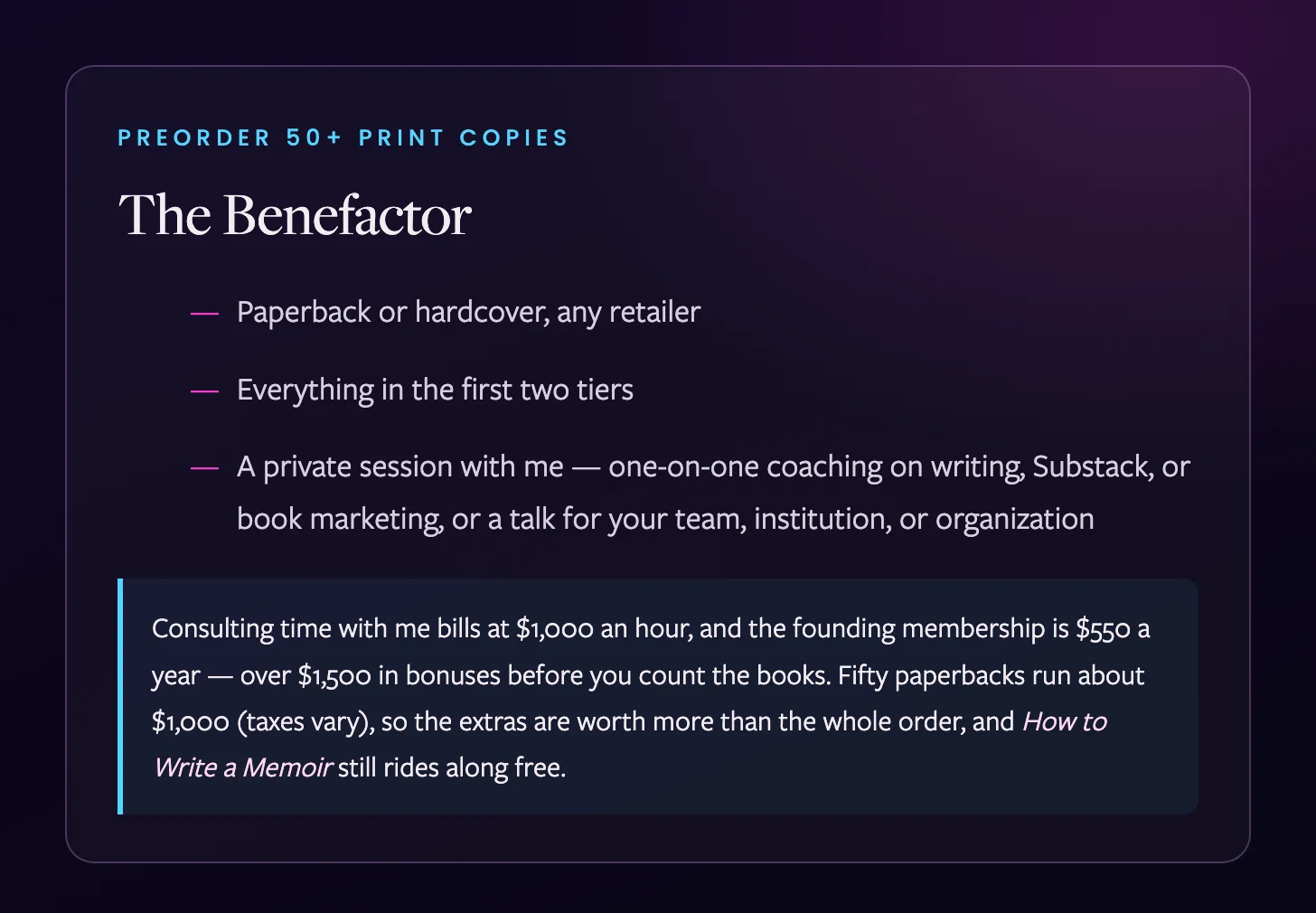 The Benefactor tier card, preorder 50 or more print copies and get everything in the first two tiers plus a private session with Amy