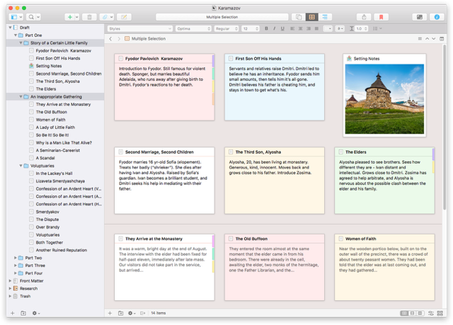 Scrivener’s corkboard view, with color-coded index cards for each scene of a Karamazov manuscript next to the binder outline