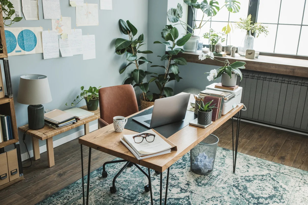 A bright home office with a laptop, coffee, and plants on a wooden desk