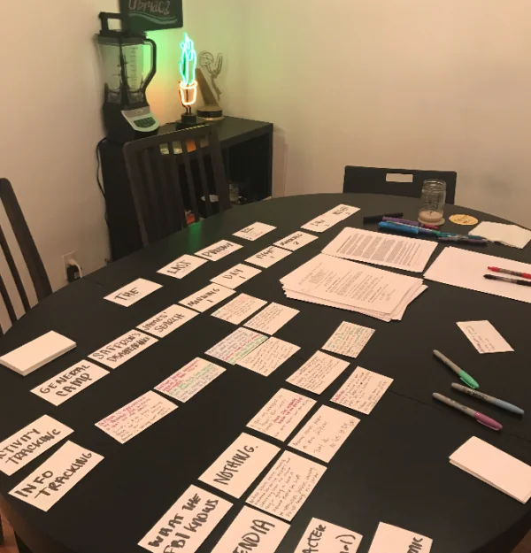 Storyboarding session with index cards and notes spread across a table, illustrating the structured approach to developing a consistent writing routine as outlined by Amy Suto.