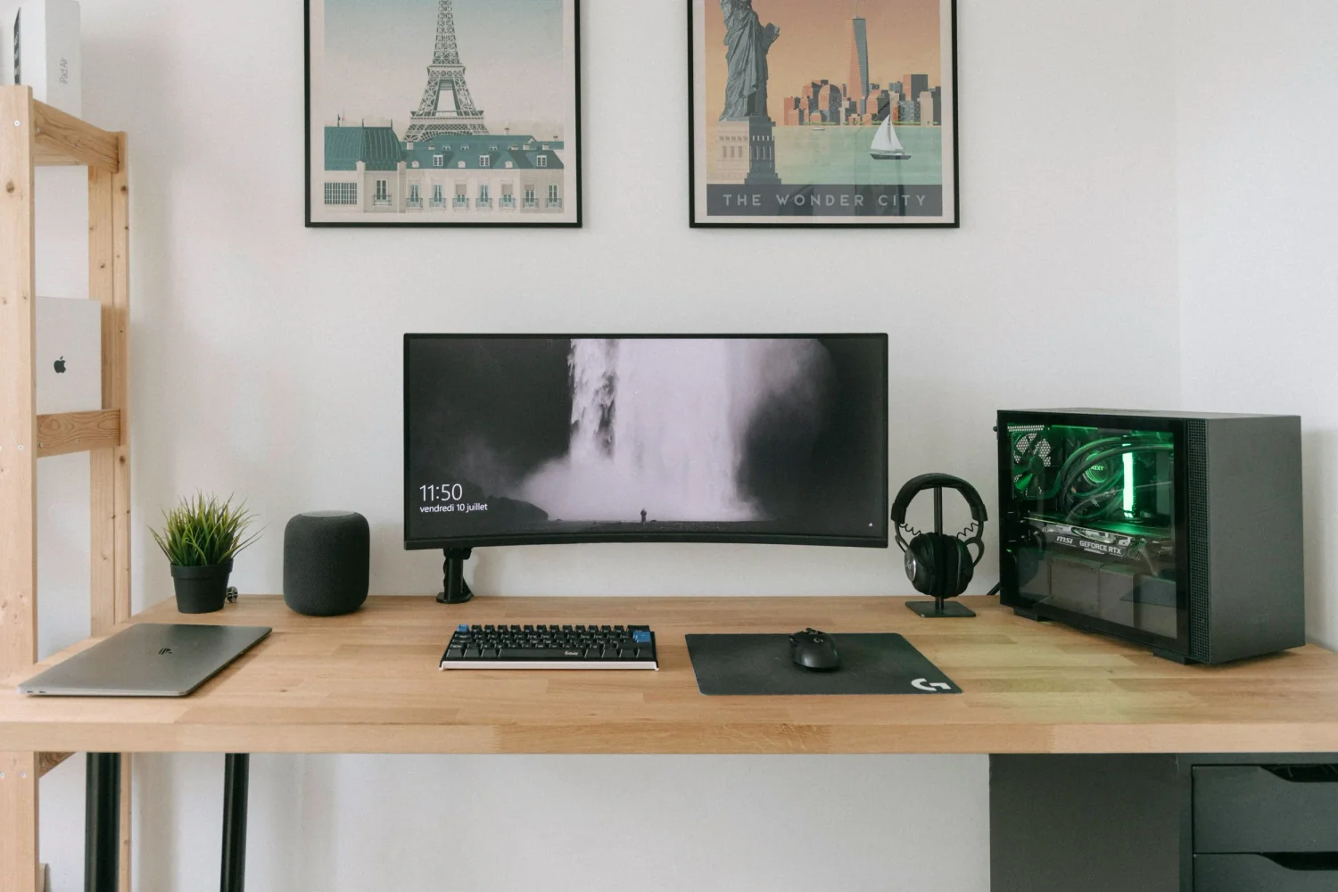 Minimalist freelance technical writer desk setup with ultrawide monitor and PC — ideal workspace for remote writing jobs and high-paying tech writer jobs from home.