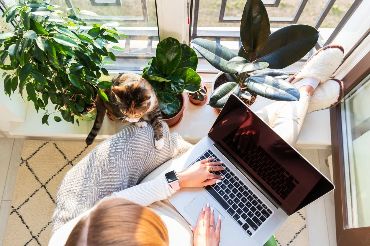 A photo of a woman working asynchronously with her cat and plants