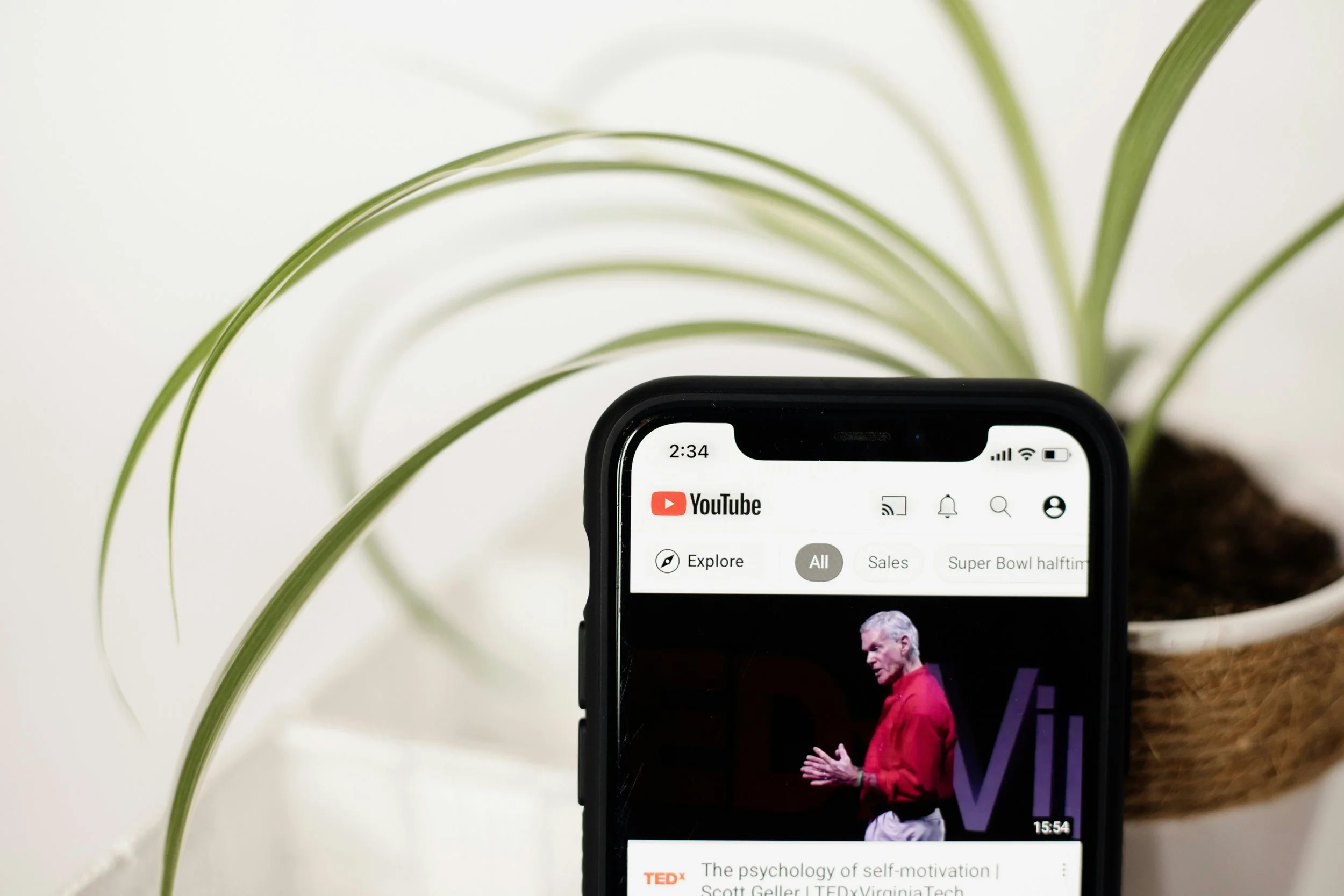 Close-up of a smartphone screen displaying the YouTube app with a TED Talk video — representing the power of scripted YouTube content to grow a channel and engage viewers.
