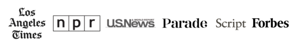 Media logos featuring Los Angeles Times, NPR, US News, Parade, Script, and Forbes, showcasing Amy Suto’s featured press coverage — trusted memoir ghostwriter and writing job board curator.
