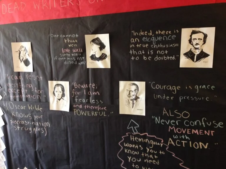 an actual bulletin board I did where dead writers gave my residents study tips.