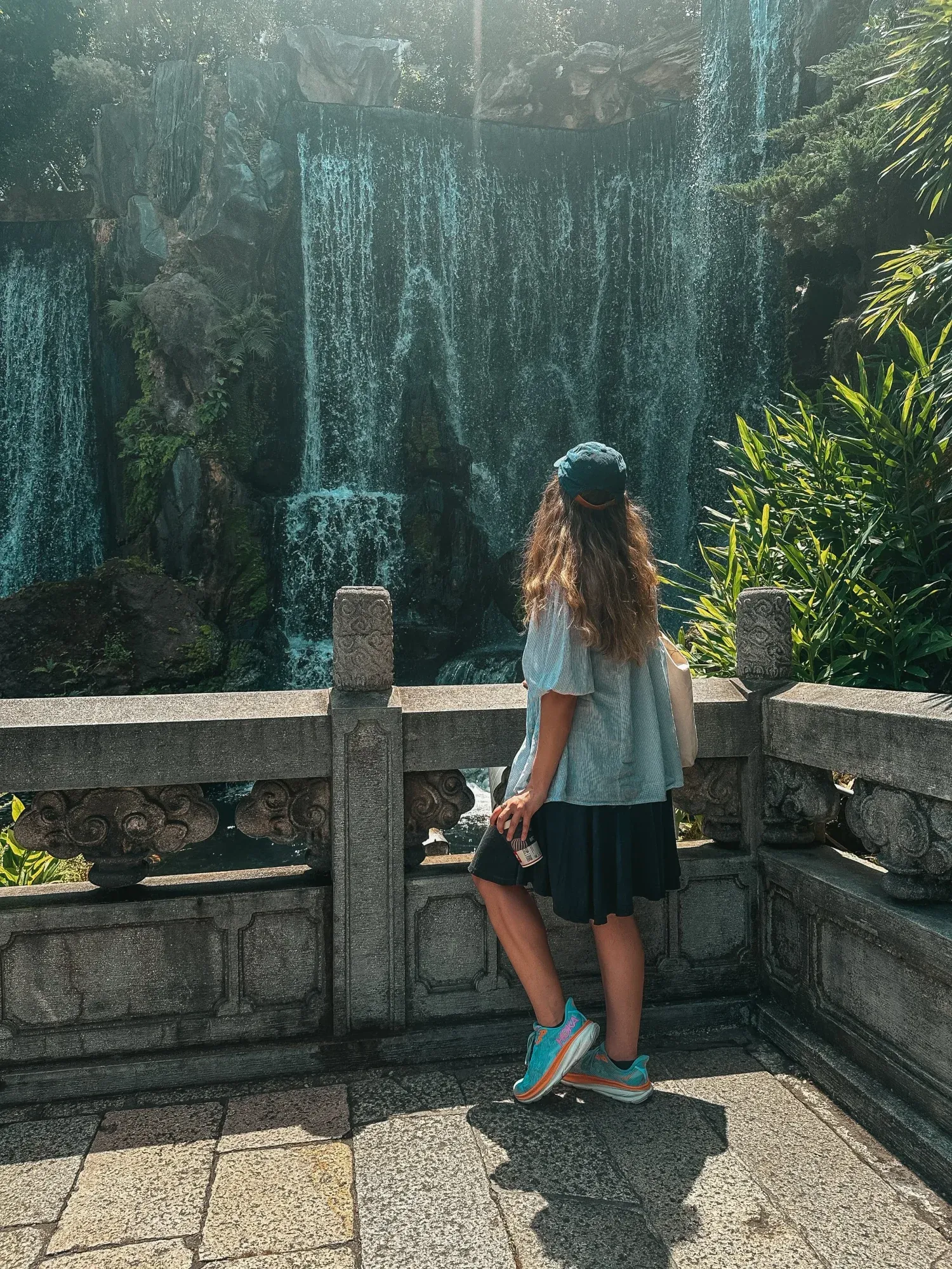 waterfall in front of the longshan temple in Taipei, Taiwan